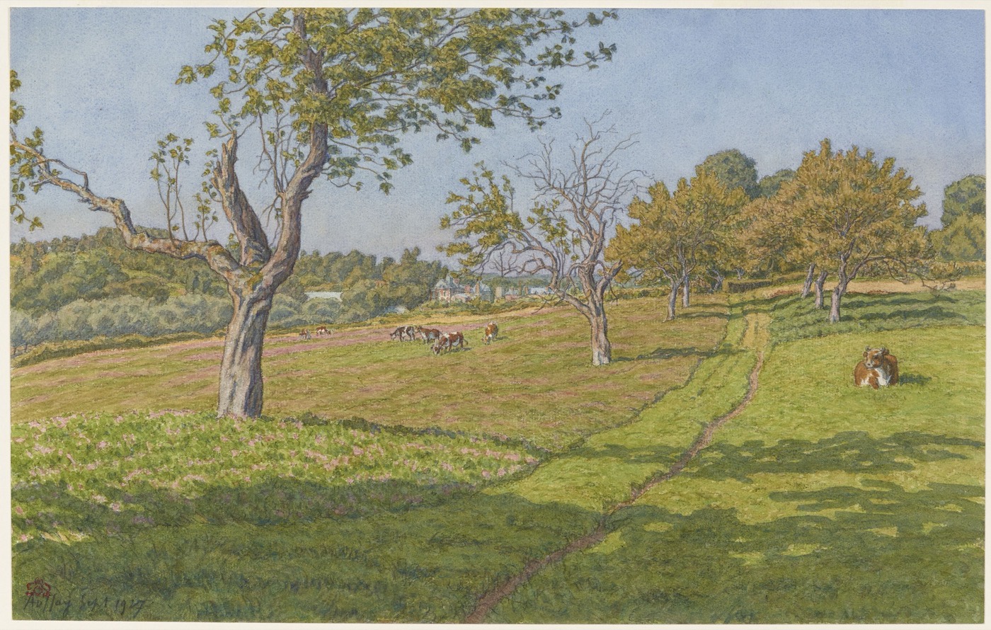 Les champs à Auffay, aquarelle d'Henri Rivière